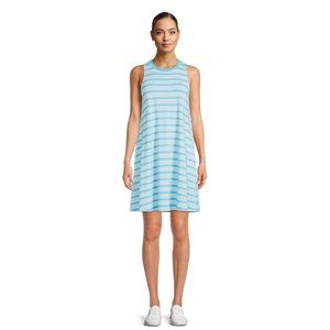 Time and Tru Women Striped Mini Dress Round Neck W/Pockets Aqua Spring Sz Small